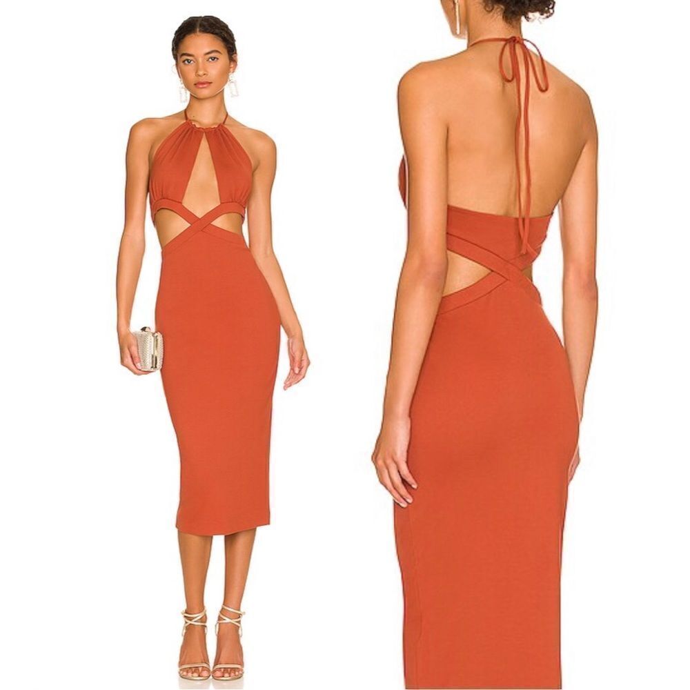 Camila Coelho Rida Midi Dress in Redwood Jersey Halter Cut Out REVOLVE M NWT